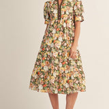 Puff Shoulder Floral Tiered Midi Dress