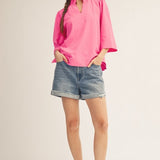 Ruffled Neck Crinkle Solid Top