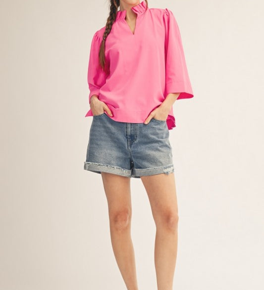 Ruffled Neck Crinkle Solid Top