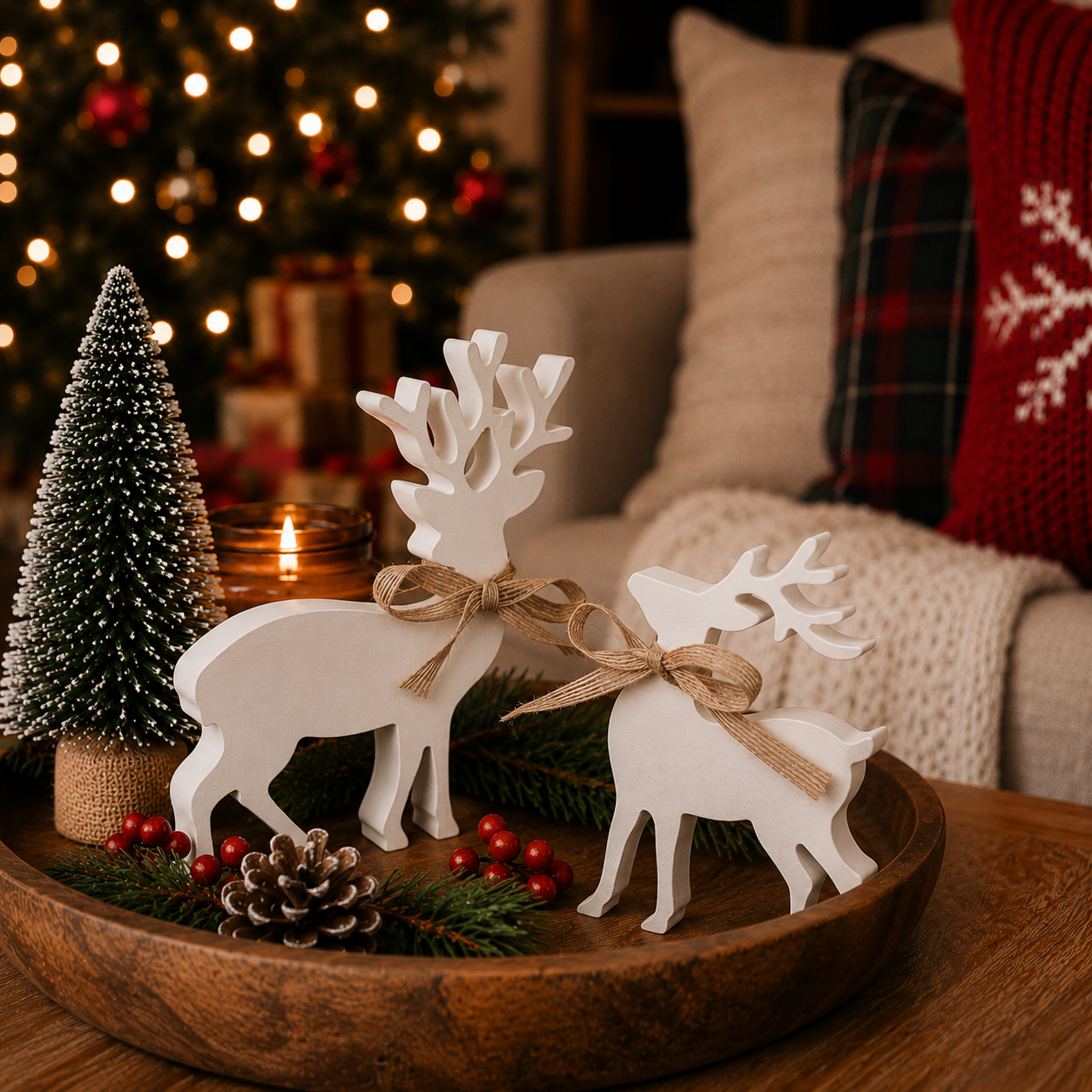 White Wooden Reindeer Christmas Decorations with Bow Deer: Tail Down