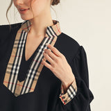 Plaid Accent Balloon Sleeve Top
