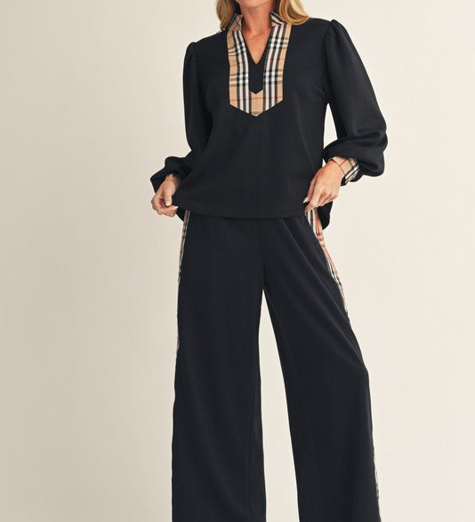 Plaid Accent Balloon Sleeve Top