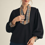 Plaid Accent Balloon Sleeve Top