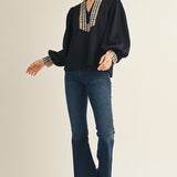 Plaid Accent Balloon Sleeve Top