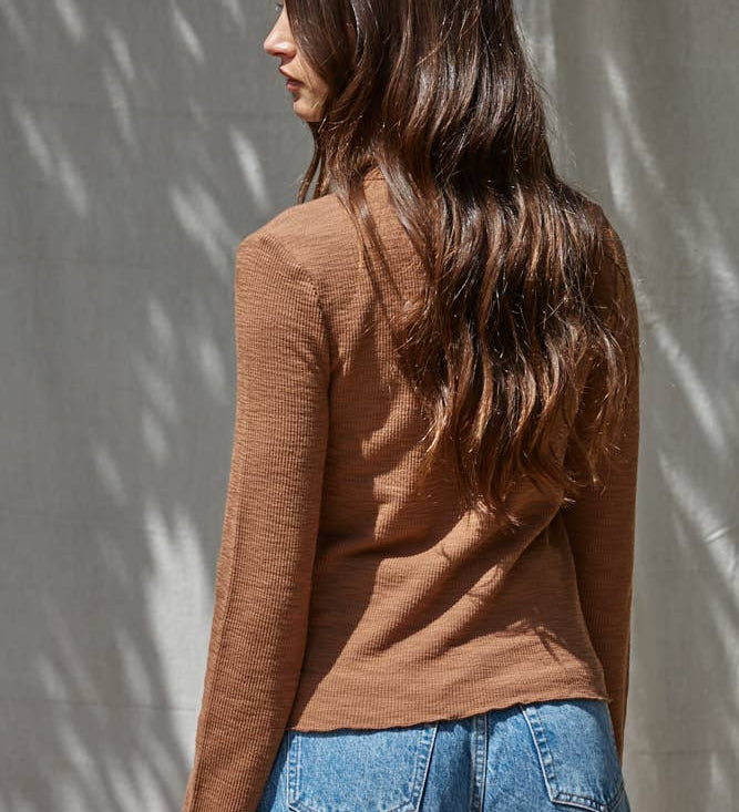 Knit Cotton Polyester Spandex Round Neck Long Sleeve: Brown / S