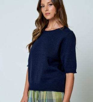 Raw Edge Half Sleeve Sweater Knit Top