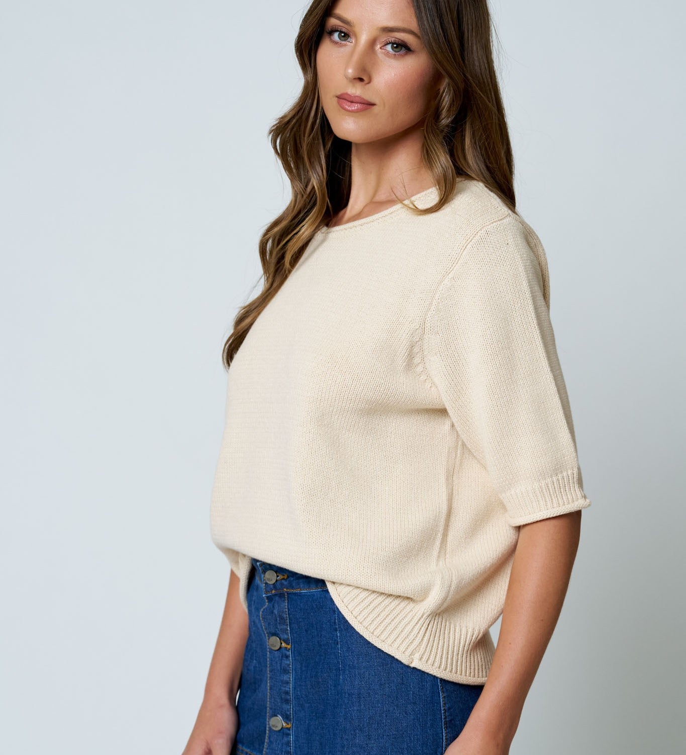 Raw Edge Half Sleeve Sweater Knit Top