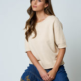 Raw Edge Half Sleeve Sweater Knit Top