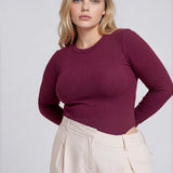 Plus Round Neck Long Sleeve Sweater Knit Bodysuit