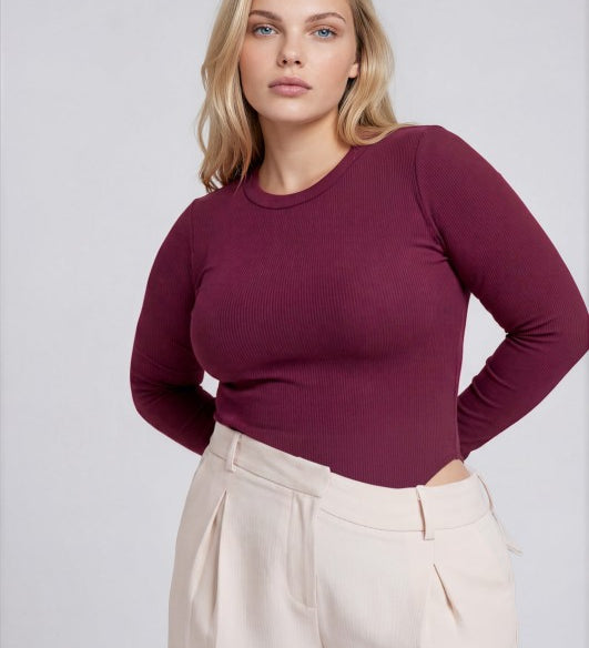 Plus Round Neck Long Sleeve Sweater Knit Bodysuit
