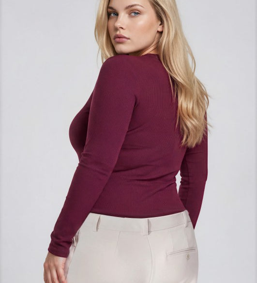 Plus Round Neck Long Sleeve Sweater Knit Bodysuit
