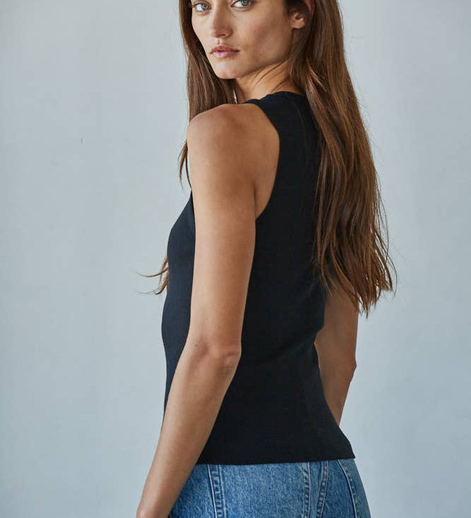 Cotton Round Neck Sleeveless Tank Top: Black / M
