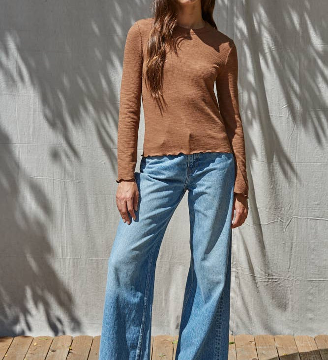 Knit Cotton Polyester Spandex Round Neck Long Sleeve: Brown / S
