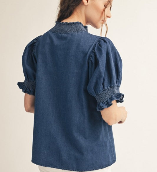 Solid Contrast Detail Washed Denim Top