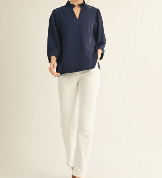 Plus Size Ruffled Neck Crinkle Solid Top