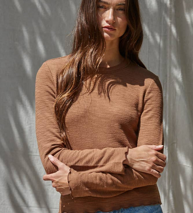 Knit Cotton Polyester Spandex Round Neck Long Sleeve: Brown / M