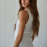 Cotton Round Neck Sleeveless Tank Top: Off White / S