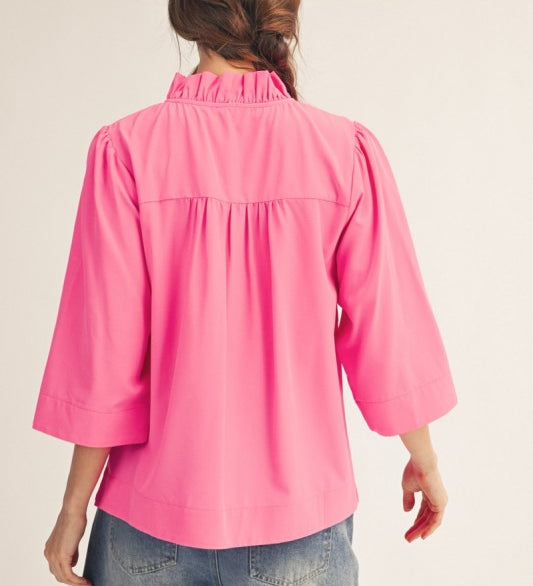 Ruffled Neck Crinkle Solid Top