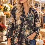 Umgee Brown Floral Ruffle Neck Blouse