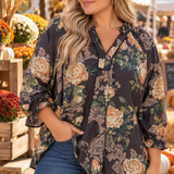 Umgee Plus Brown Floral Ruffle Neck Blouse