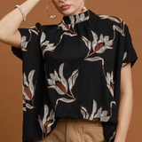 Embroidered Floral Mock Neck Dolman Sleeve Top - Black - L