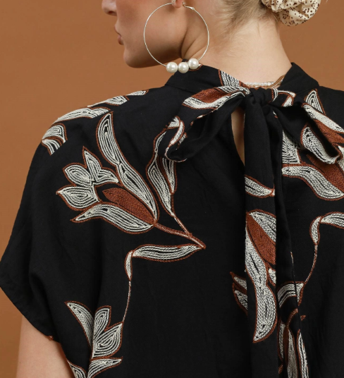 Embroidered Floral Mock Neck Dolman Sleeve Top - Black - L