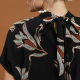 Embroidered Floral Mock Neck Dolman Sleeve Top - Black - M
