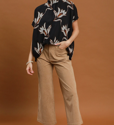Embroidered Floral Mock Neck Dolman Sleeve Top - Black - L