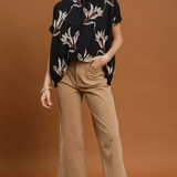 Embroidered Floral Mock Neck Dolman Sleeve Top - Black - M