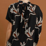 Embroidered Floral Mock Neck Dolman Sleeve Top - Black - L