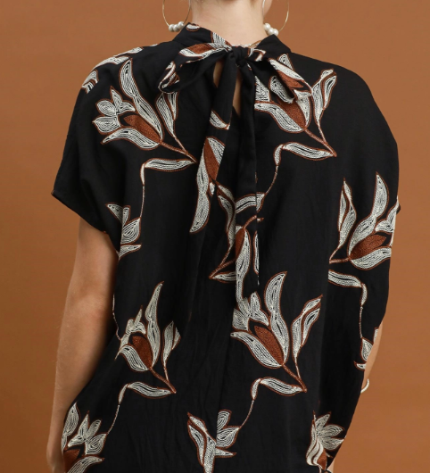 Embroidered Floral Mock Neck Dolman Sleeve Top - Black - L