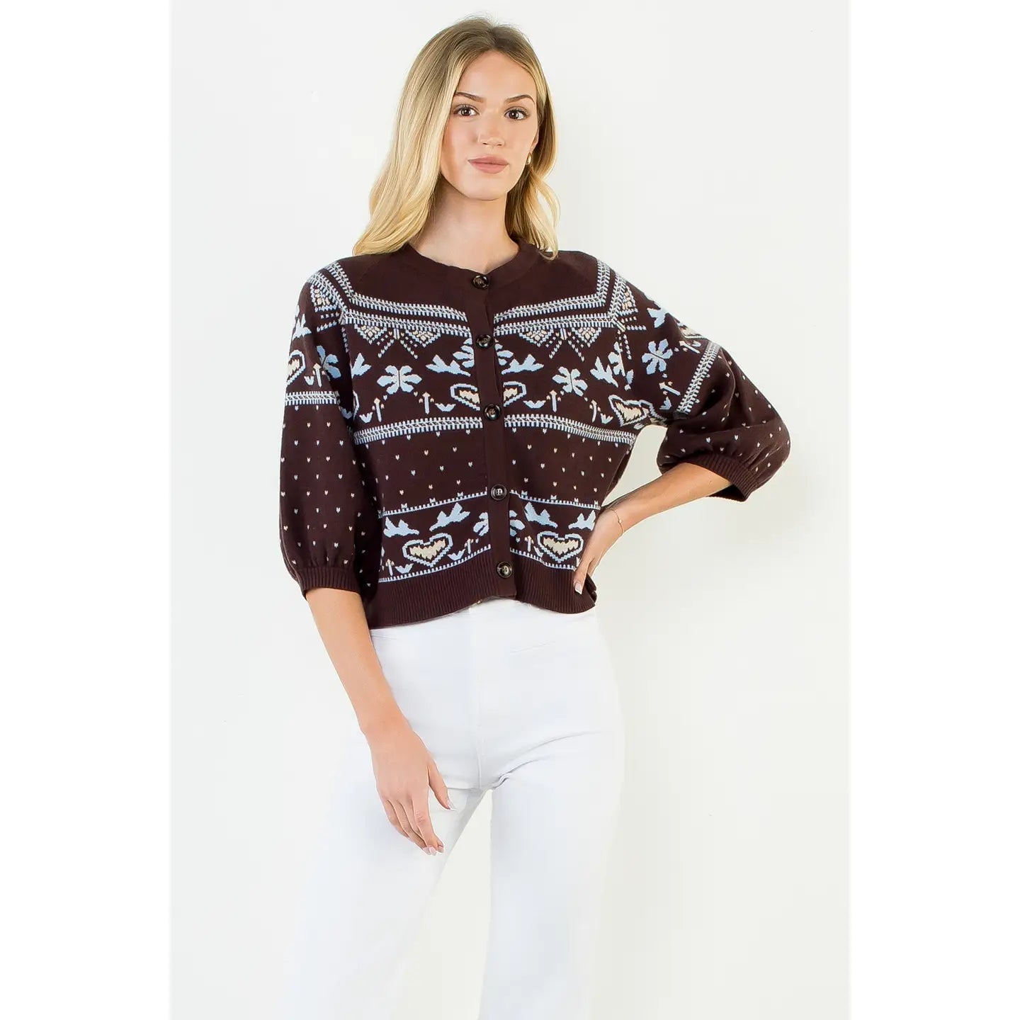 Wide Sleeve Pattern Button Cardigan - Brown