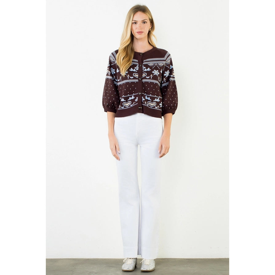 Wide Sleeve Pattern Button Cardigan - Brown