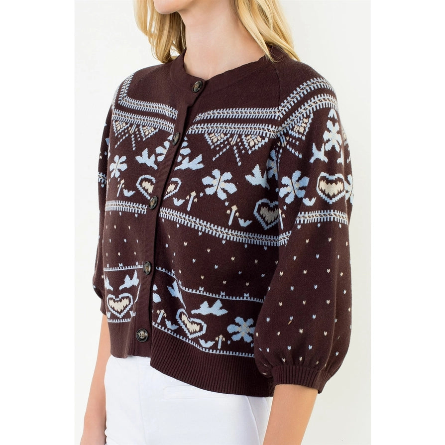 Wide Sleeve Pattern Button Cardigan - Brown