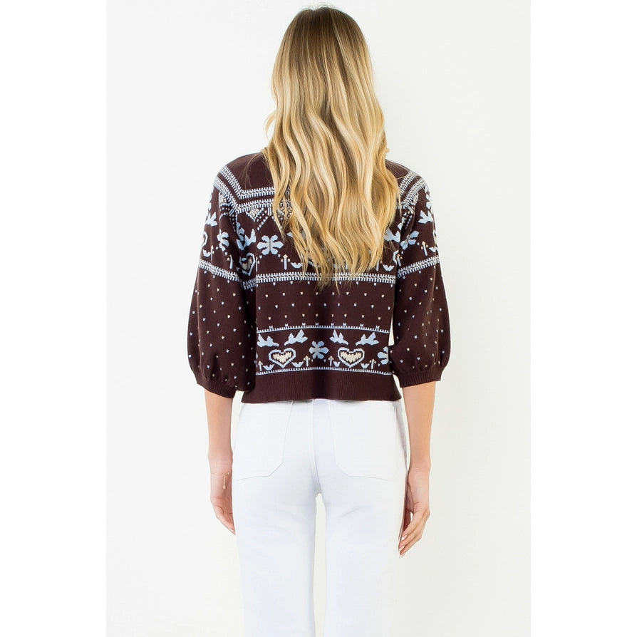 Wide Sleeve Pattern Button Cardigan - Brown