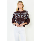 Wide Sleeve Pattern Button Cardigan - Brown