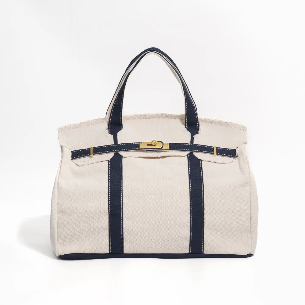 Heritage stripe canvas tote bag in navy and cream