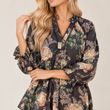 Umgee Brown Floral Ruffle Neck Blouse