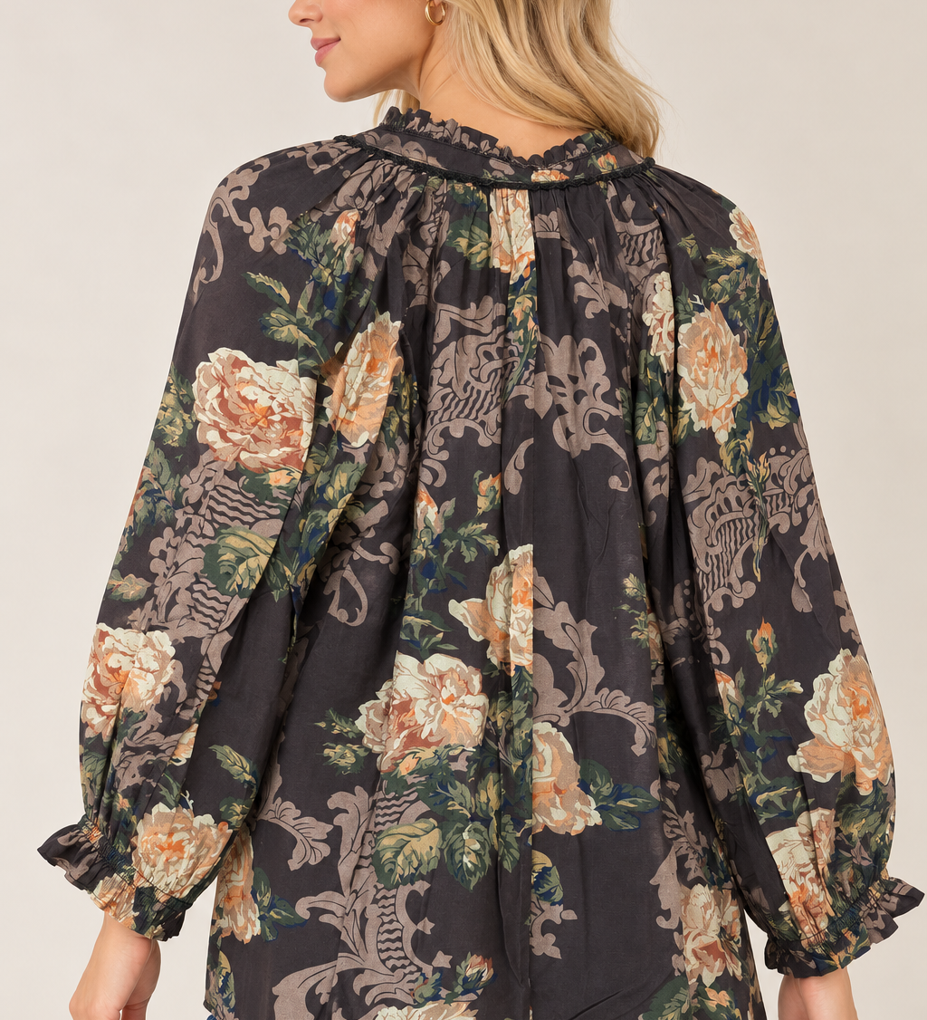 Umgee Brown Floral Ruffle Neck Blouse