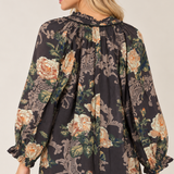 Umgee Brown Floral Ruffle Neck Blouse