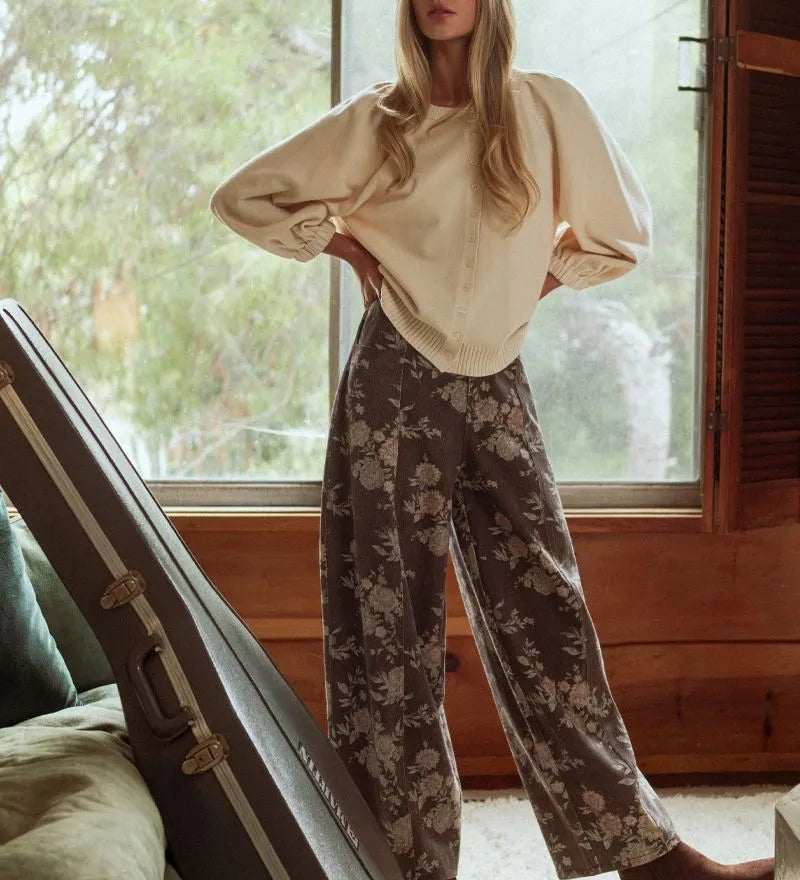 Brown Floral Barrel Pants