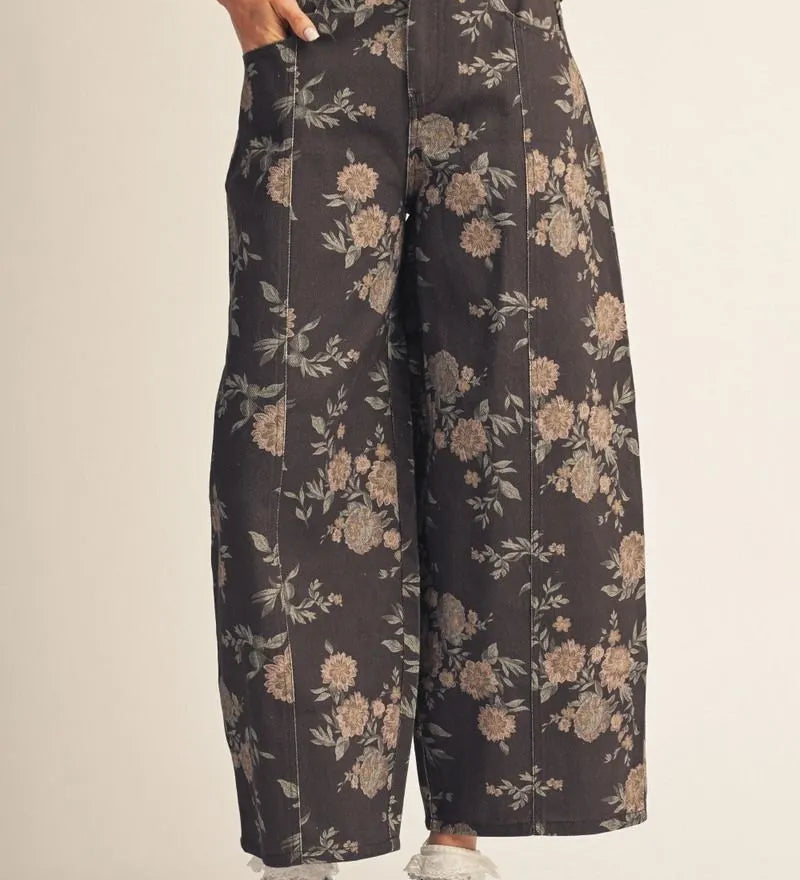Brown Floral Barrel Pants