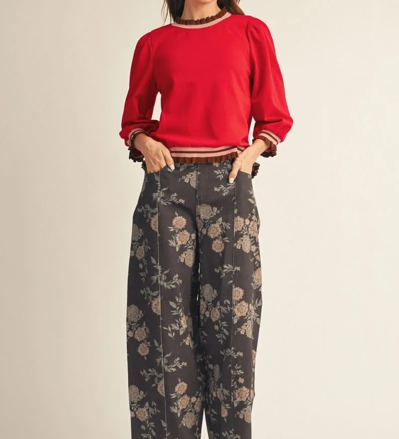 Brown Floral Barrel Pants