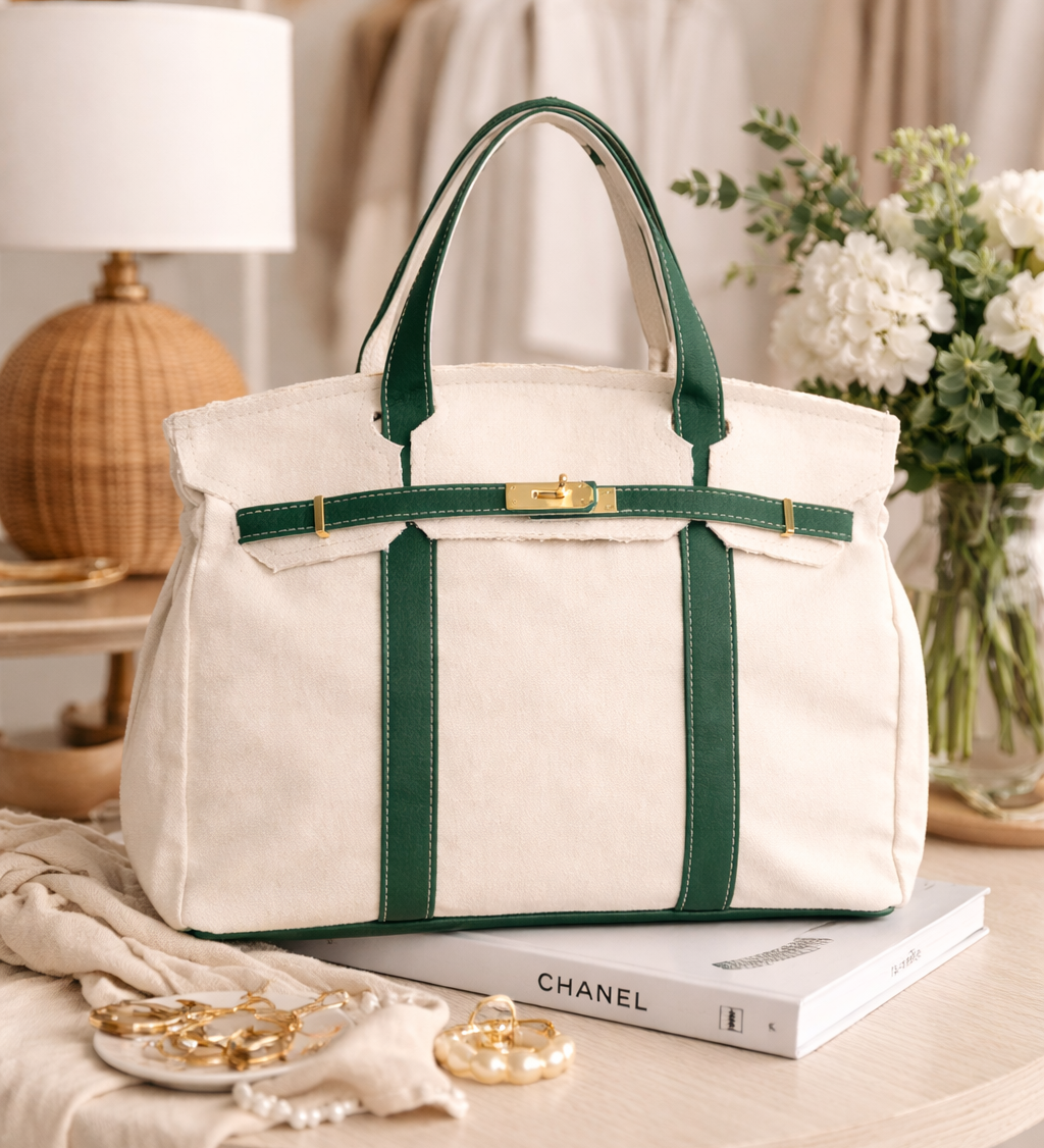 Heritage stripe canvas tote bag green and cream