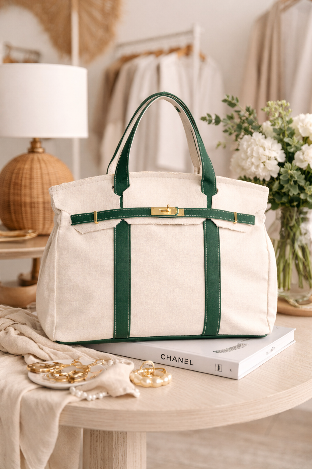 Heritage stripe canvas tote bag green and cream