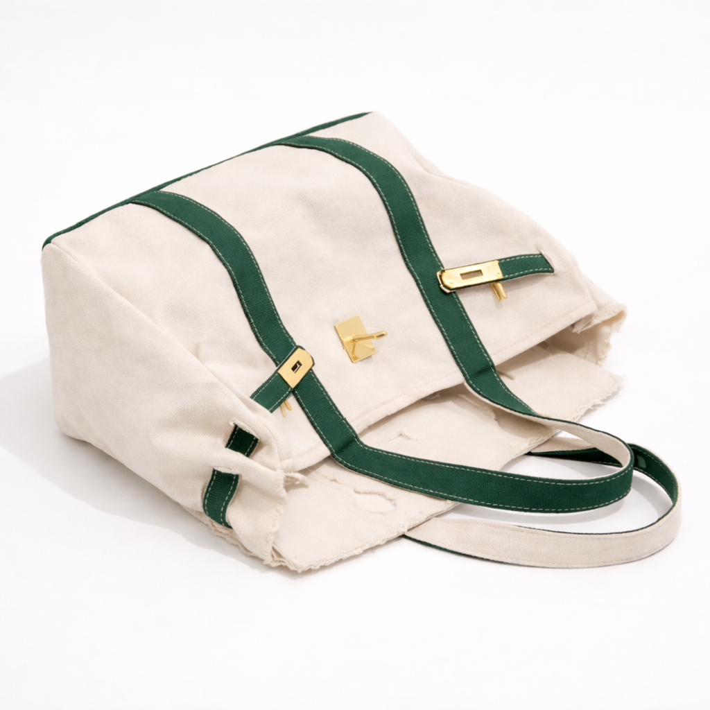 Boutique green stripe canvas tote bag styled flat lay