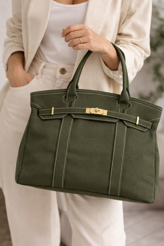 Olive green canvas tote bag carried by model