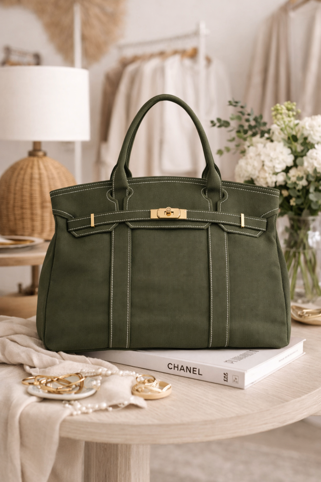 Olive green canvas tote bag styled on boutique table