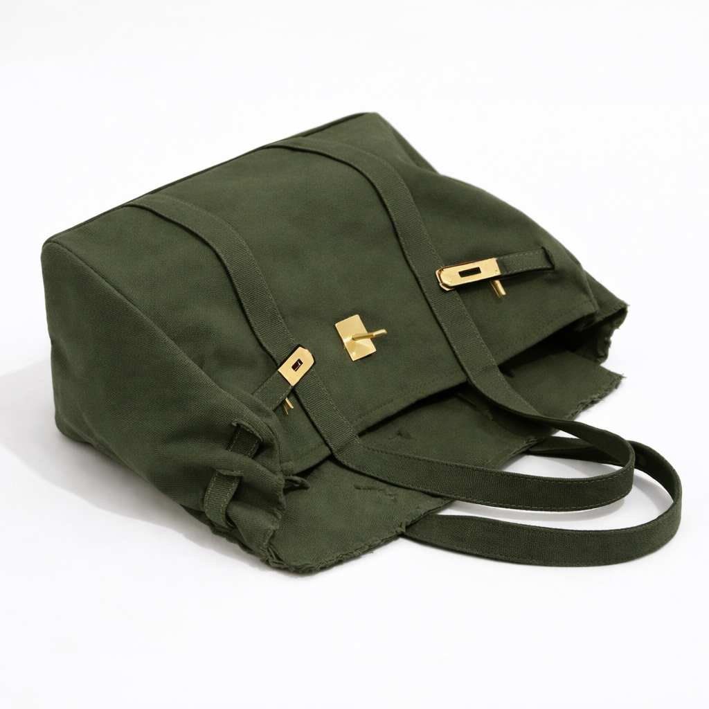 Open olive green canvas tote bag with interior space