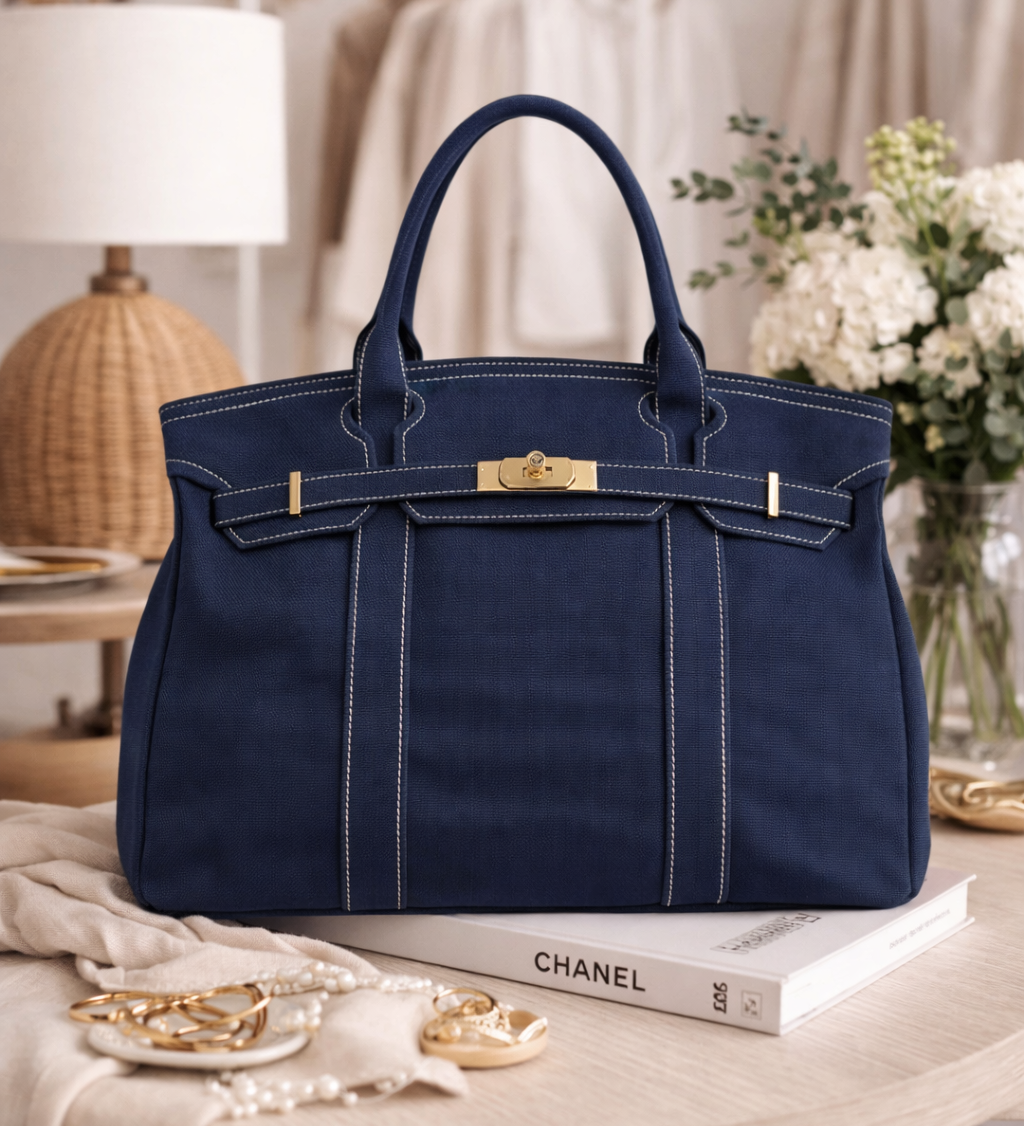 Navy canvas tote bag styled in boutique setting